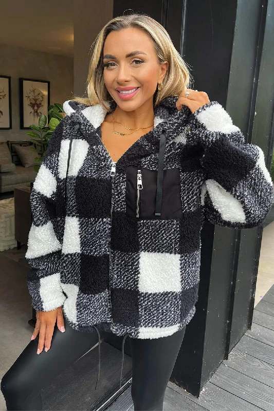 Black Check Pocket Detail Hooded Teddy Jacket