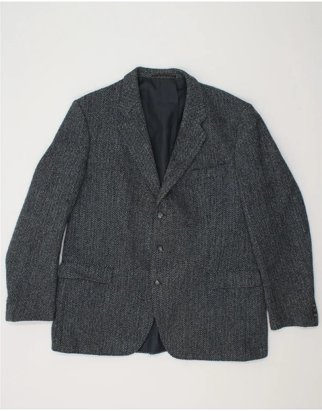 HARRIS TWEED Mens 3 Button Blazer Jacket UK 40 Large Navy Blue Herringbone