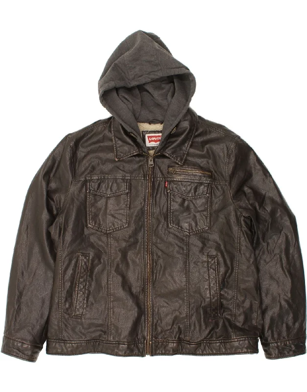 LEVI'S Mens Hooded Leather Jacket UK 44 2XL Brown Polyurethane