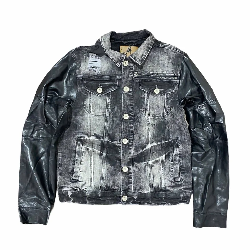 Men's Leather Sleeves Denim Jacket In Black