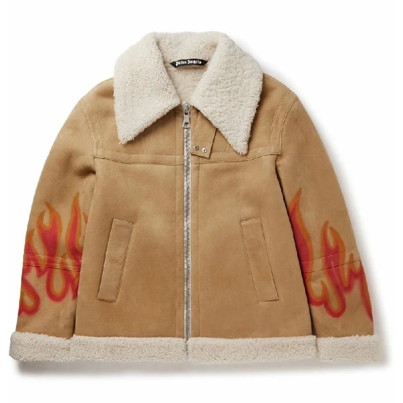 Palm Angels Flame Accented Suede Shearling Men's Jacket