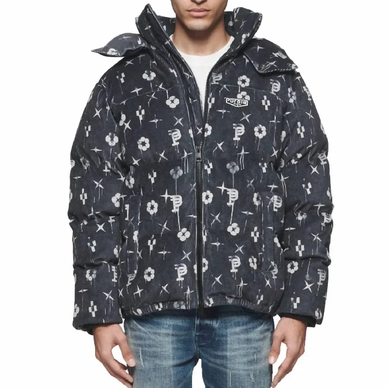 Printed Corduroy Puffer Jacket In Black