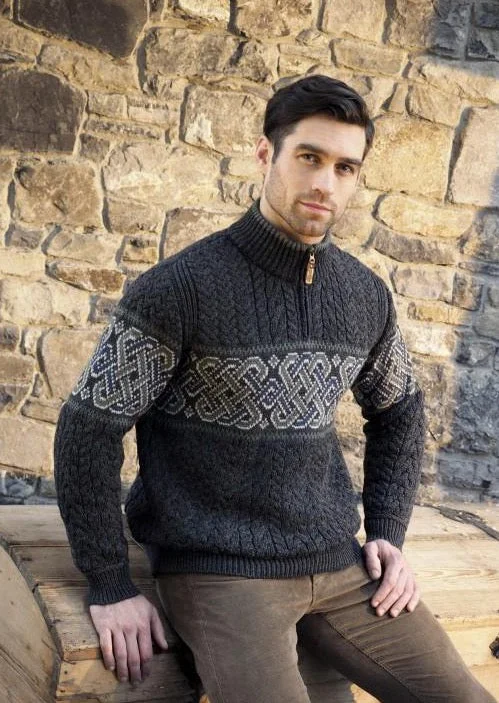 Aran Crafts Celtic Jacquard Zip Sweater | Charcoal