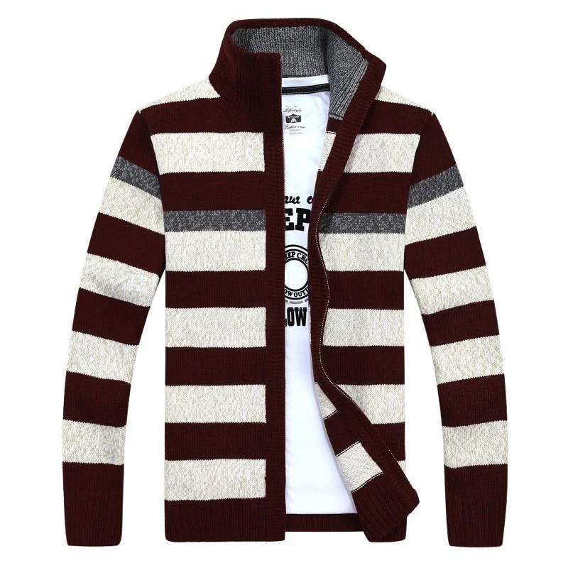 Men's Autumn Winter Thick Warm Striped Casual Zipper Sweaters