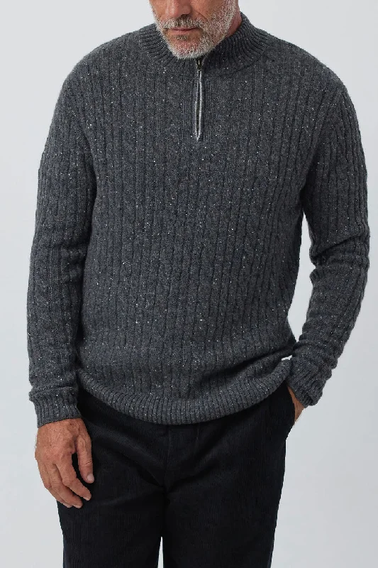 Mens Cashmere Cable 1/4 Zip Sweater - Charcoal Donegal/Dark Grey Melange