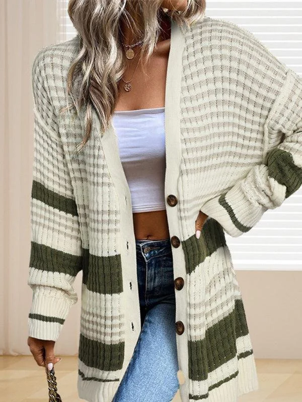 Mid-Length Striped Women Cardigan Sweater